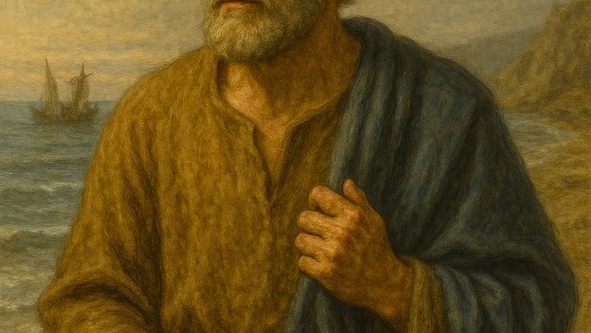 Homem idoso de barba grisalha segura uma grande chave dourada diante do mar e de um barco.