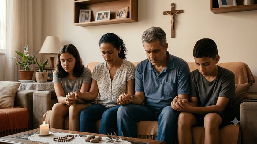 Família de quatro pessoas sentada no sofá, de mãos dadas e olhos fechados, rezando.