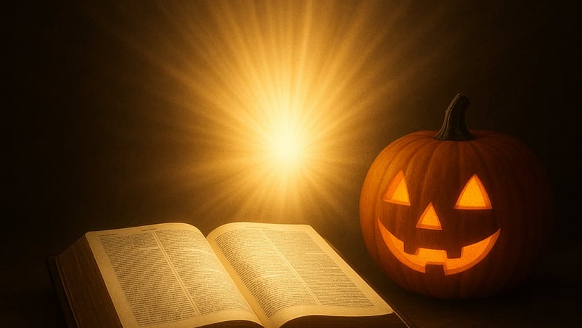 Bíblia aberta sobre uma mesa, ao lado de uma abóbora de Halloween entalhada e acesa.