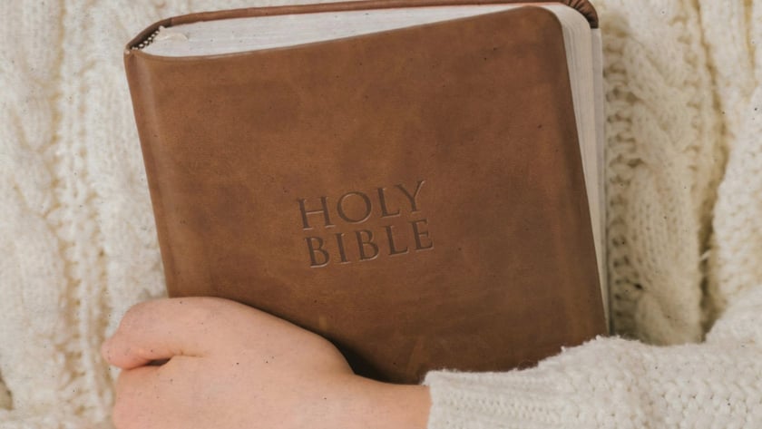 Pessoa de suéter de tricô branco segura uma Bíblia marrom junto ao peito: "HOLY BIBLE".