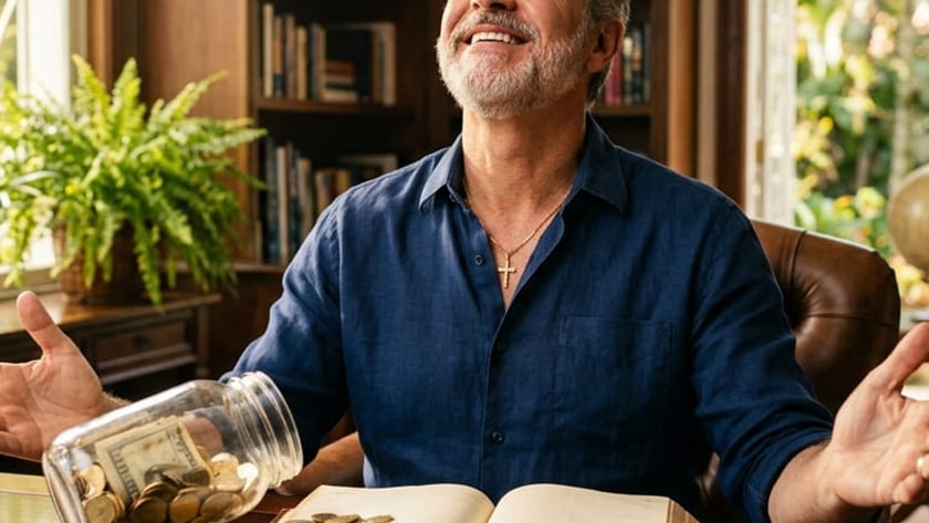 Homem grisalho de camisa azul sorri à mesa, com livro aberto e moedas.