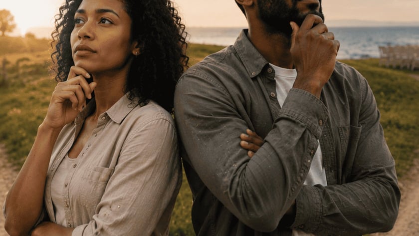 Homem e mulher de costas um para o outro, com a mão no queixo, ao ar livre.