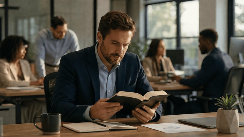 Homem de blazer lê uma Bíblia em uma mesa de escritório, com colegas ao fundo.