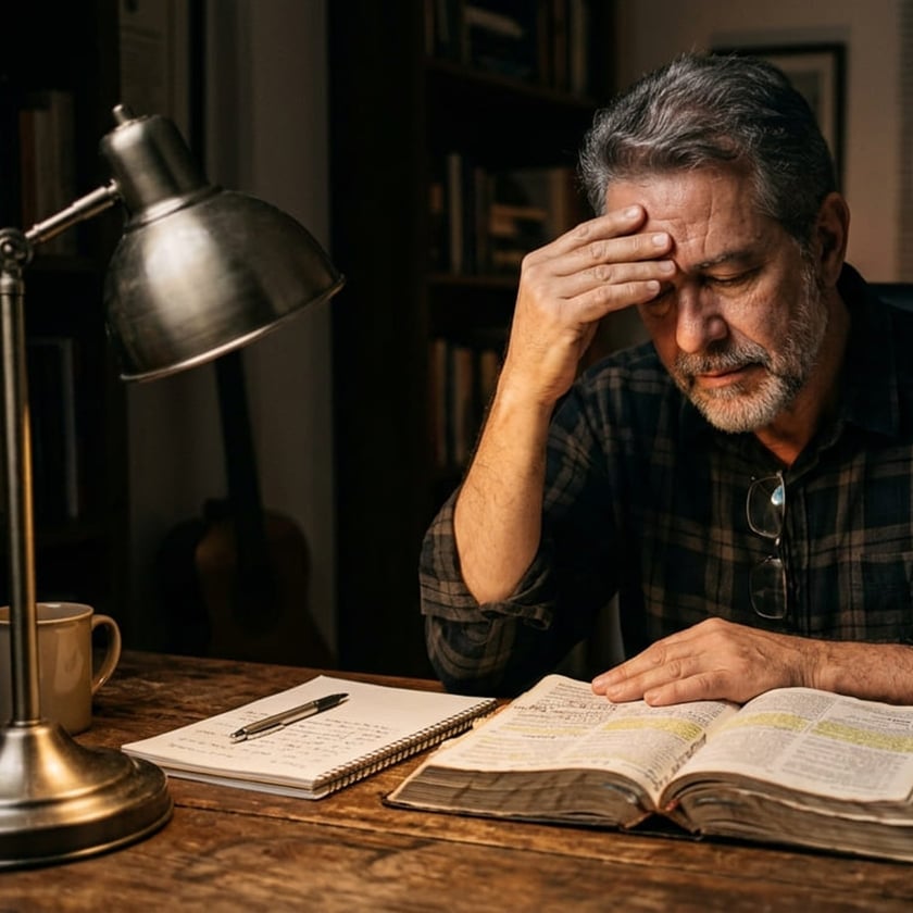 Homem grisalho de barba, com a mão na testa, diante de uma Bíblia aberta e um caderno.