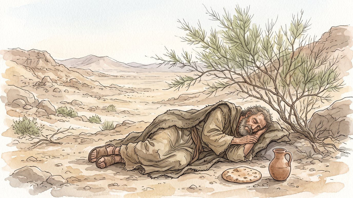 Homem barbado dorme sob um arbusto no deserto, com um pão e um jarro ao lado.