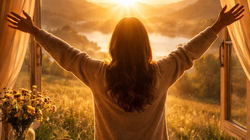 Mulher de costas, com os braços abertos diante de uma janela, olha o nascer do sol.