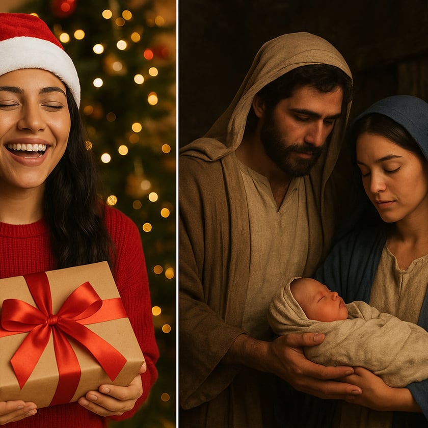 Mulher sorrindo com gorro de Natal segura presente; ao lado, casal embala recém-nascido.