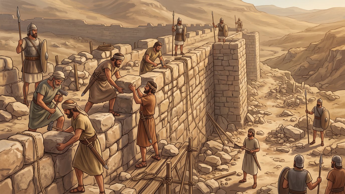 Homens carregam e assentam pedras numa muralha enquanto soldados armados vigiam o deserto.
