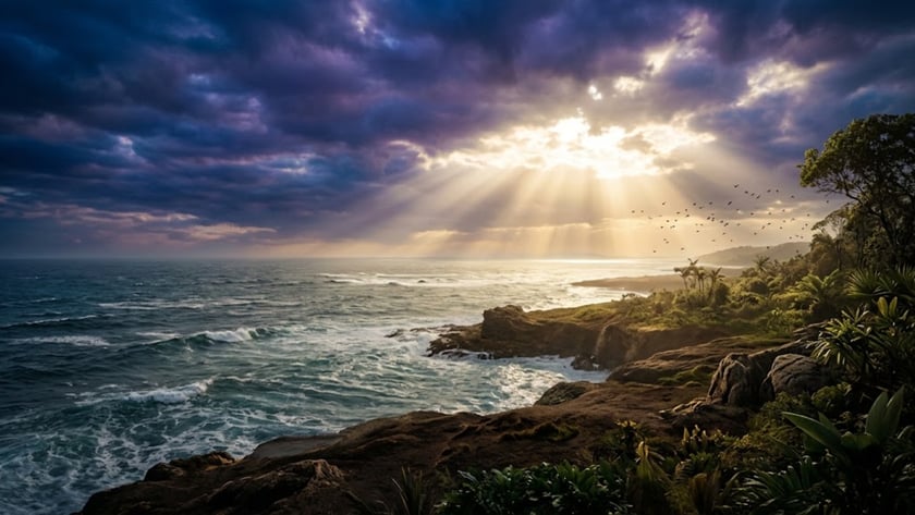 Costa rochosa com vegetação tropical, mar agitado e raios de sol entre nuvens escuras.
