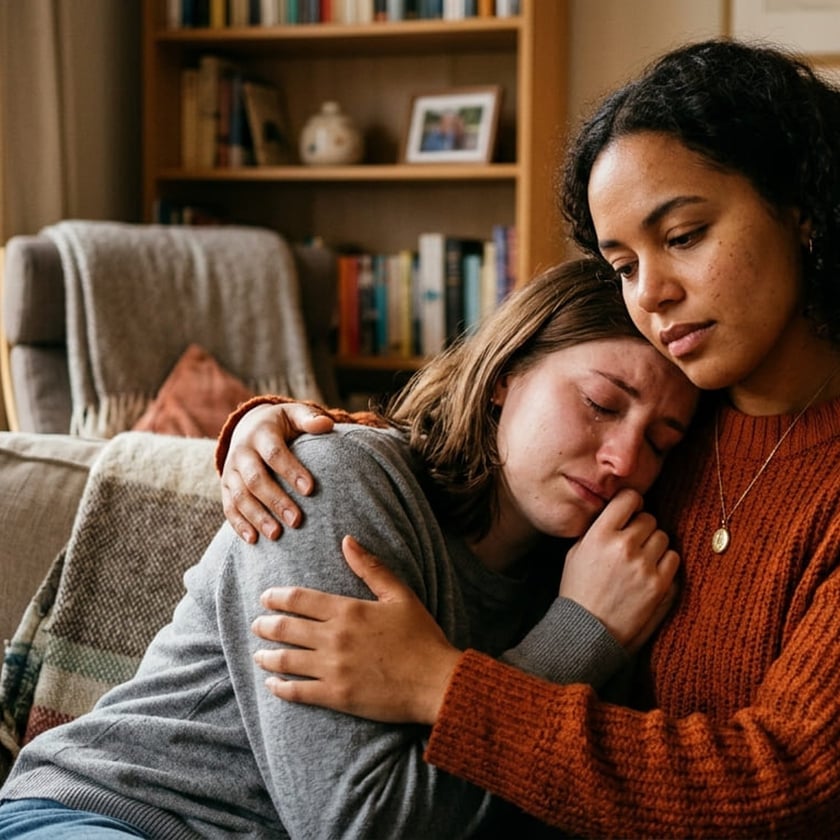 Duas mulheres sentadas no sofá, uma chorando encostada no ombro da outra, que a abraça.