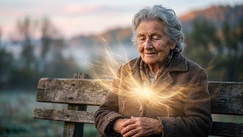 Idosa de cabelos grisalhos e casaco marrom, de olhos fechados, sentada em um banco de madeira.