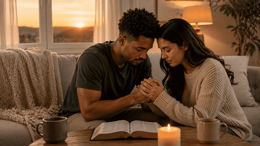Casal sentado no sofá, de cabeça baixa e mãos unidas, com uma Bíblia aberta à frente.