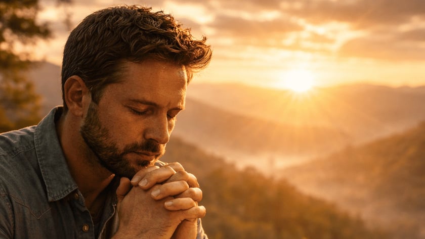 Homem de barba com as mãos unidas e olhos fechados diante de uma Bíblia aberta, ao nascer do sol.