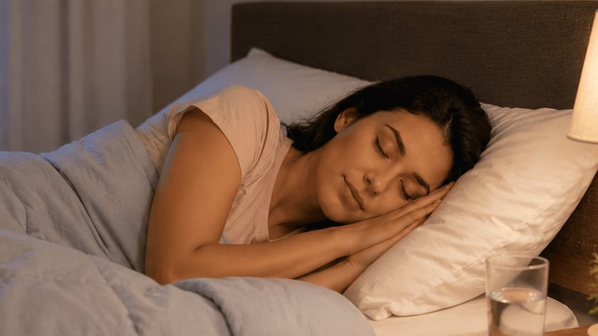 Mulher de cabelo escuro dorme de lado na cama, com abajur aceso ao lado.