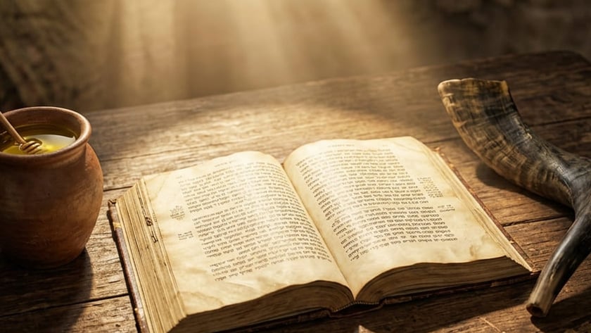 Livro antigo aberto sobre mesa de madeira, entre um pote de mel e um shofar.