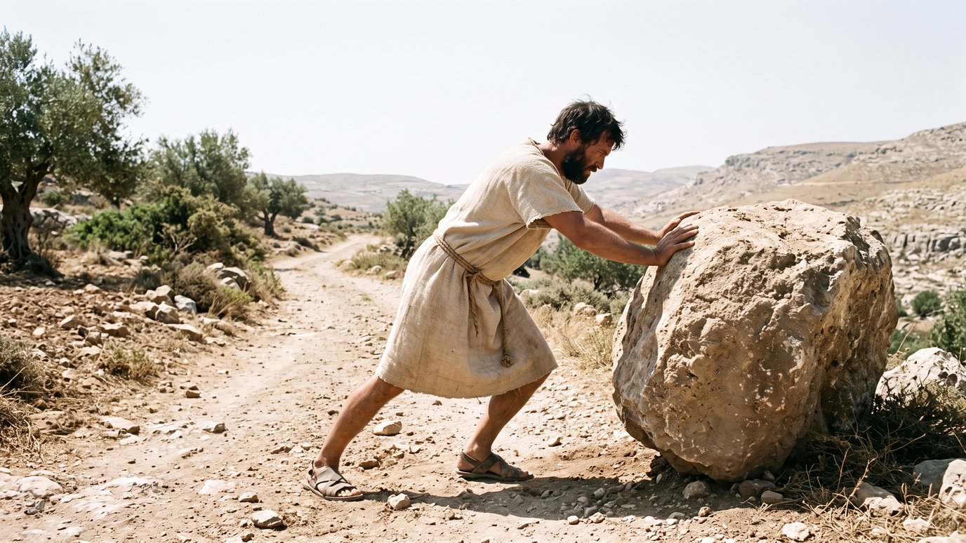 Homem de túnica e sandálias empurra uma grande rocha em uma estrada de terra árida.