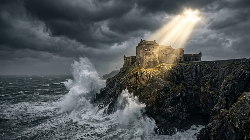 Fortaleza de pedra no alto de um penhasco rochoso, atingido por ondas enormes.