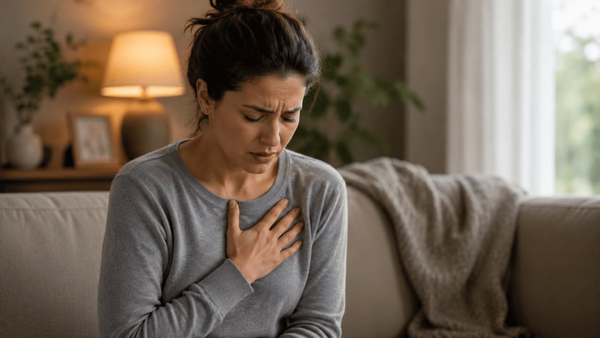 Mulher sentada em um sofá, de olhos fechados, com a mão sobre o peito.