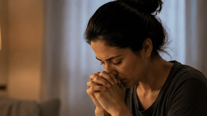 Mulher de olhos fechados e mãos unidas junto ao rosto, à mesa com papéis e calculadora.