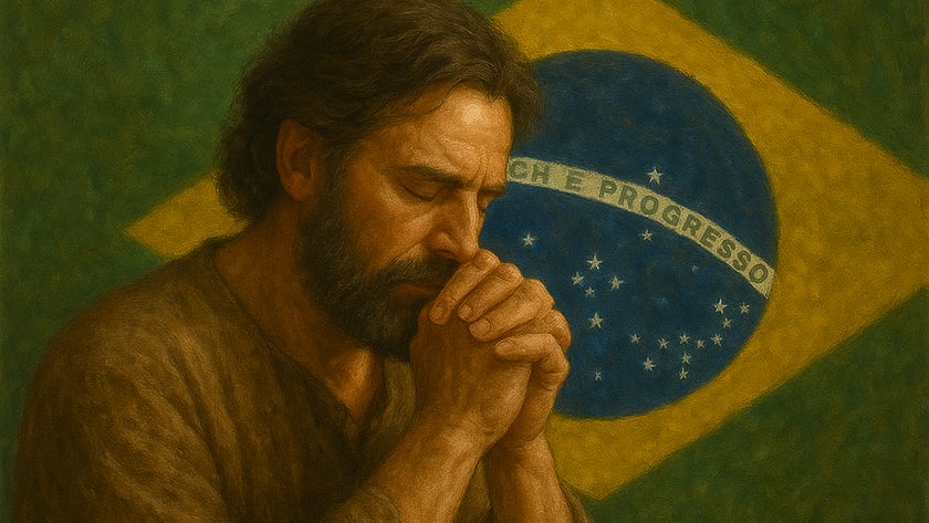 Homem barbudo de túnica marrom reza de mãos juntas diante da bandeira do Brasil: "PROGRESSO".