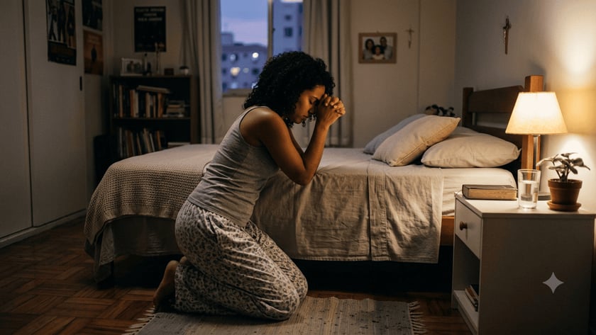 Mulher de pijama ajoelhada ao lado da cama, com as mãos unidas, rezando no quarto.