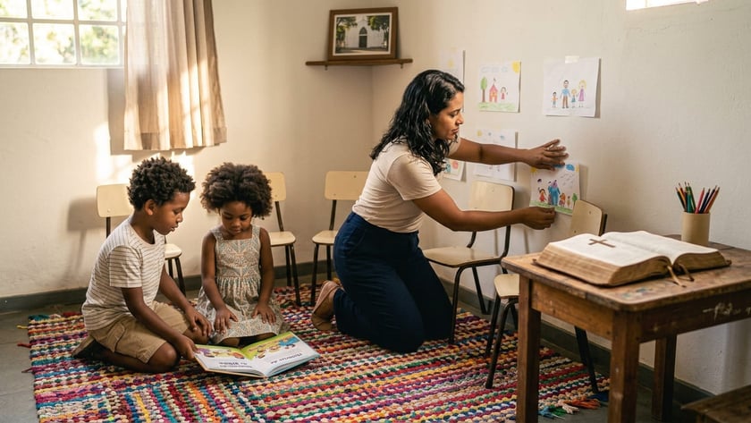 Duas crianças leem um livro no tapete colorido enquanto uma mulher pendura desenhos na parede.