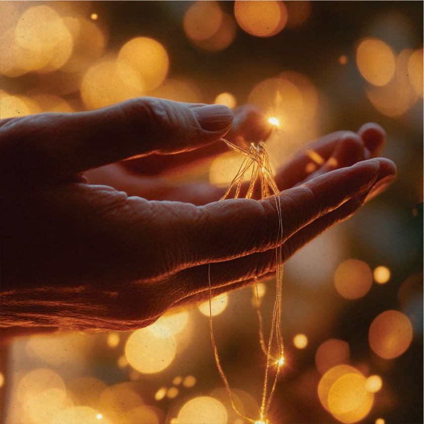 Mãos de uma pessoa idosa seguram um fio fino com pequenas luzes acesas.