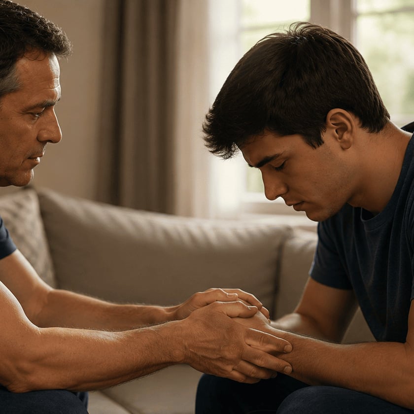 Dois homens sentados num sofá seguram as mãos um do outro; o mais jovem baixa a cabeça.