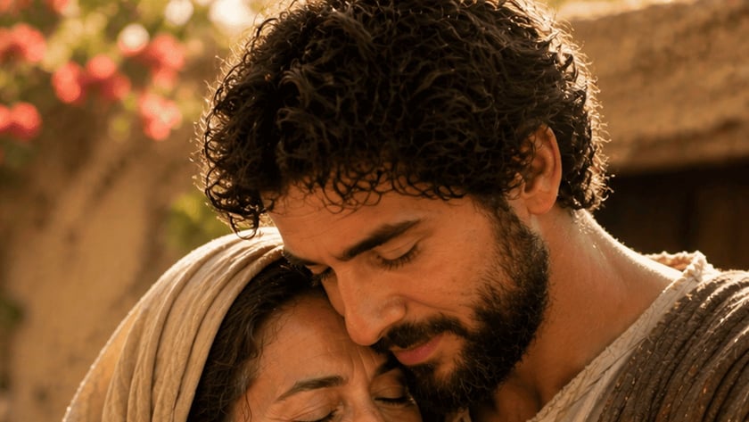 Homem barbudo de cabelo cacheado abraça uma mulher mais velha de manto bege, em um pátio.