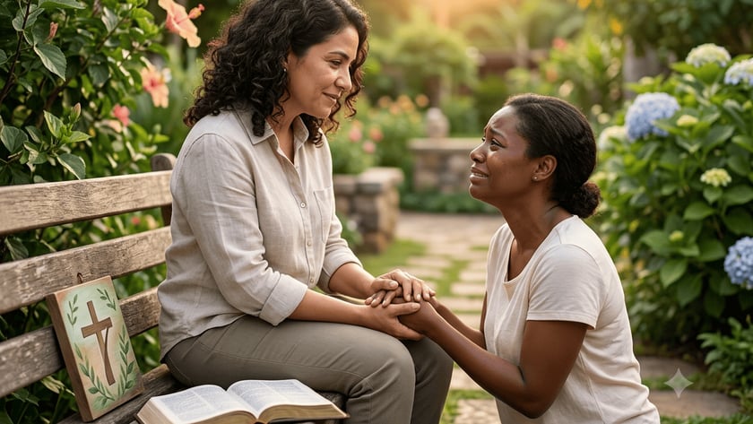 Duas mulheres de mãos dadas num banco de jardim, com uma Bíblia aberta ao lado.