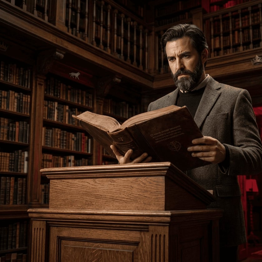 Homem barbudo de paletó de tweed lê um livro grande em um atril numa biblioteca.