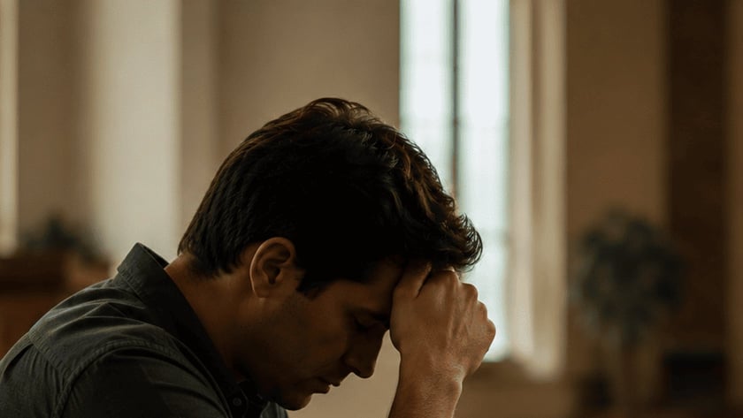 Homem de cabelo escuro e camisa escura, sentado num banco de igreja, com a testa apoiada no punho.