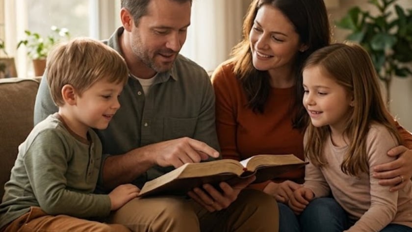 Família com dois filhos pequenos olha um livro grande aberto no sofá da sala.