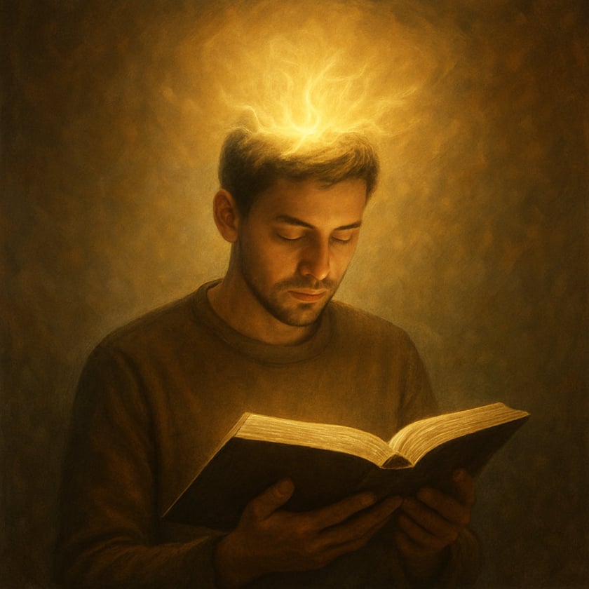 Homem de barba curta lê um livro aberto, com um brilho dourado sobre a cabeça.