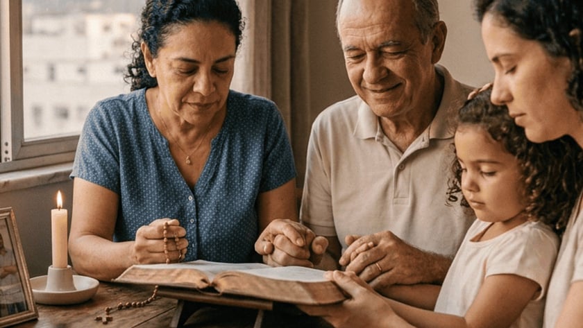Família de três gerações reza junto à mesa, com Bíblia aberta, terço e vela.