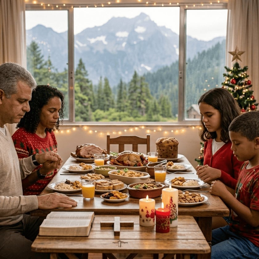 Família de quatro pessoas reza de mãos dadas à mesa de Natal farta, diante de montanhas.