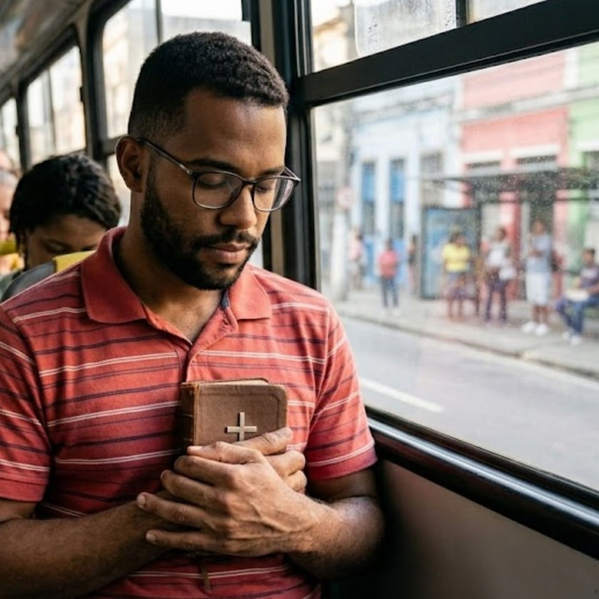 Homem de óculos e barba segura uma Bíblia junto ao peito dentro de um ônibus.