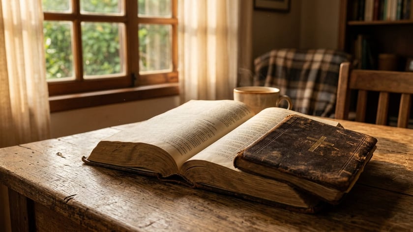 Livro antigo aberto sobre mesa de madeira, perto de uma xícara e de uma janela.