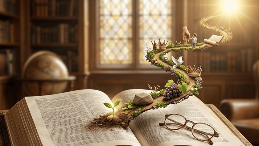 Livro aberto num atril com óculos e um caminho sinuoso com coroas, pomba e uvas.
