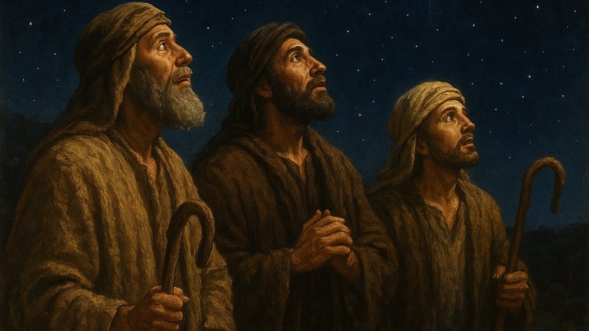 Três homens de turbante e manto, com cajados, olham para uma estrela brilhante no céu noturno.