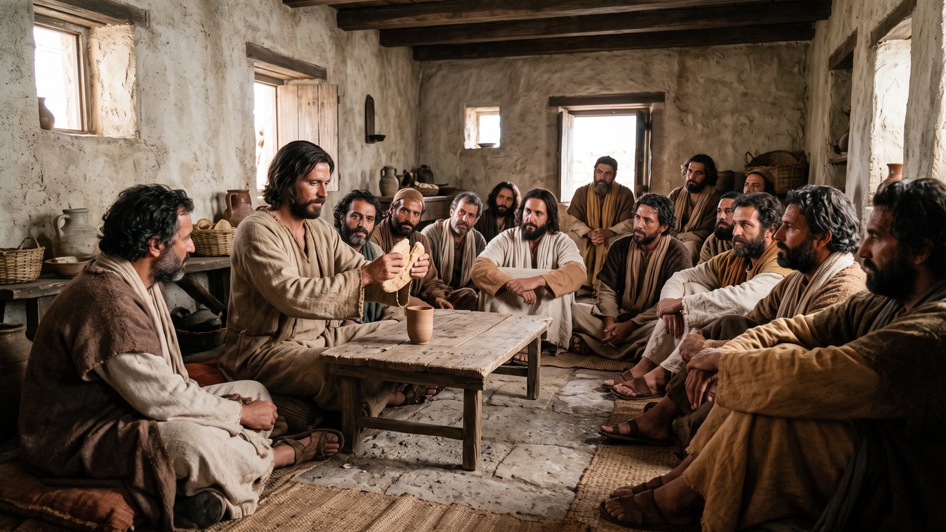 Homens de túnicas sentados ao redor de uma mesa de madeira, ouvindo um que segura um pão.