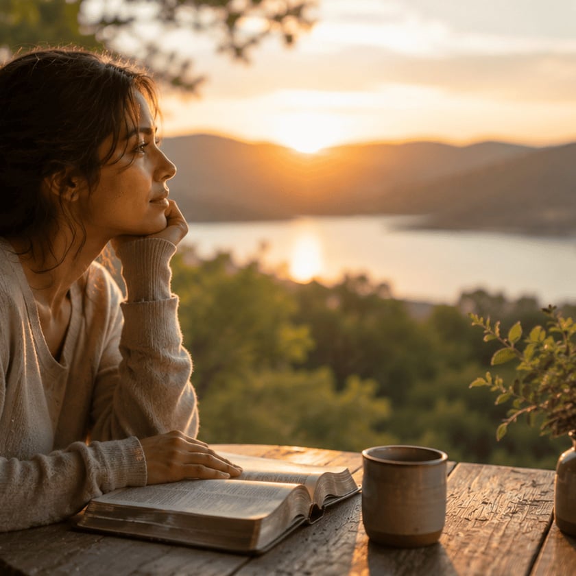 Mulher de cabelo escuro, apoiada numa mesa de madeira com livro aberto e caneca, olha o lago.