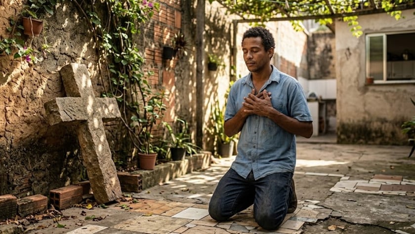 Homem ajoelhado com as mãos no peito e olhos fechados, ao lado de uma cruz de pedra, em um quintal.