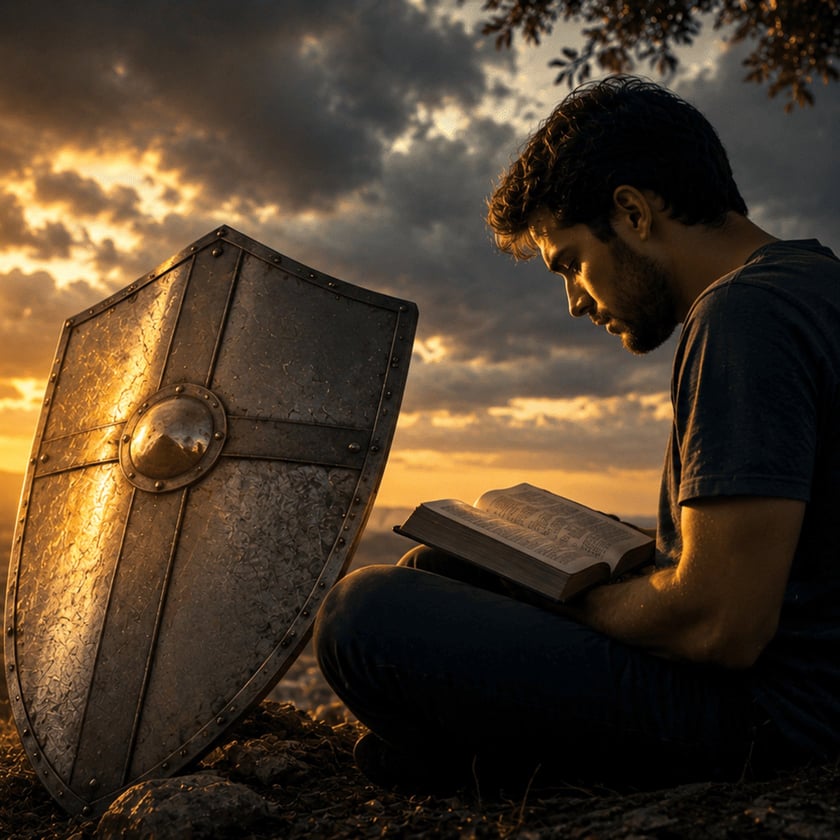 Jovem sentado em um morro lê um livro aberto ao lado de um grande escudo de metal.