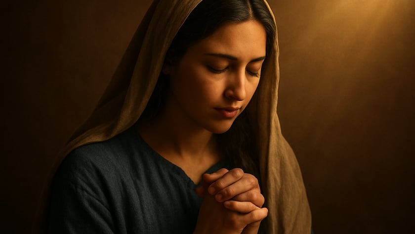 Mulher de manto bege na cabeça e túnica escura, com as mãos postas, de olhos fechados.