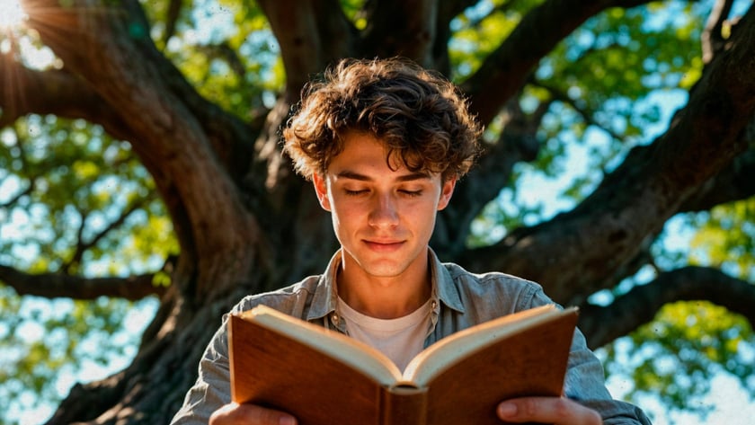 Jovem de cabelo castanho encaracolado lê um livro sentado sob uma grande árvore.
