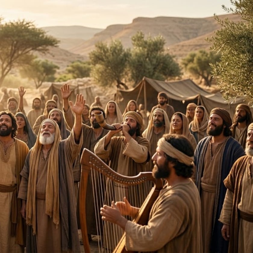 Multidão em trajes antigos canta e ergue as mãos, com harpa e chifre, em acampamento no deserto.