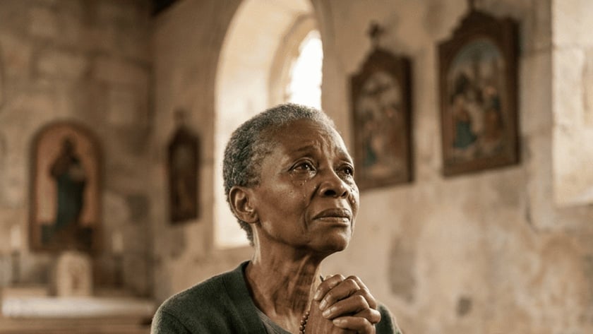 Mulher idosa de cardigã verde reza com um terço, sentada num banco de igreja antiga.