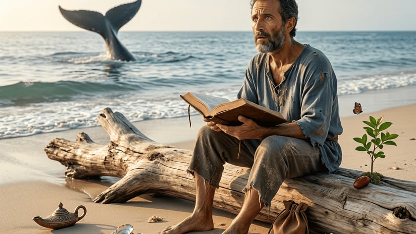 Homem barbudo de roupas rasgadas lê um livro sobre um tronco na praia, com baleia ao fundo.