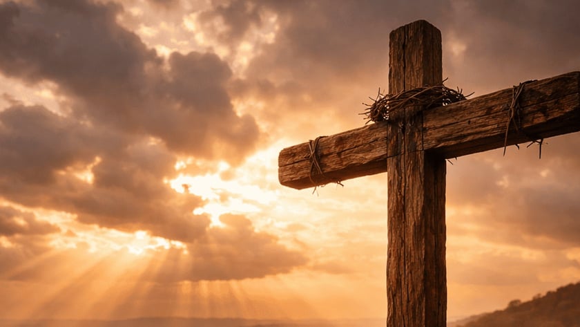 Cruz de madeira com coroa de espinhos sobre uma rocha, com pano e pregos ao lado.